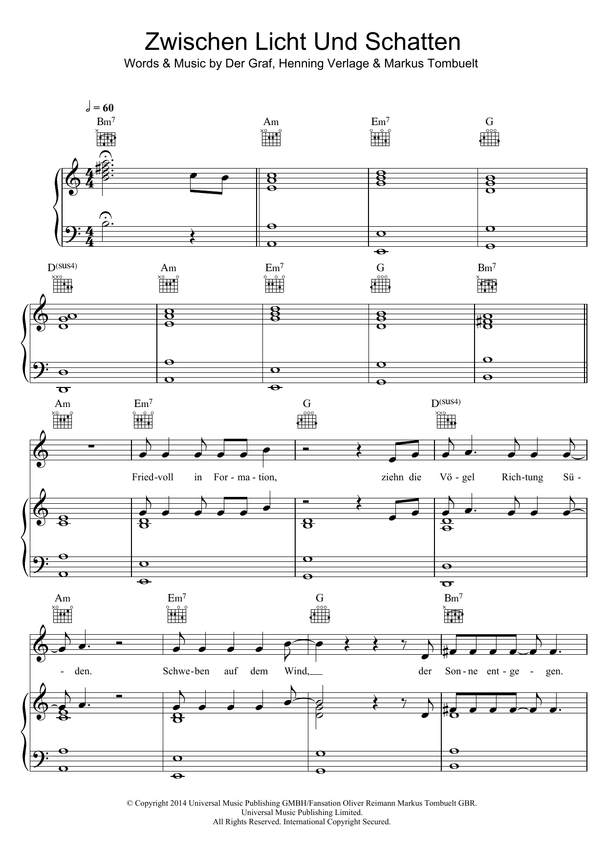 Learn to play Unheilig Zwischen Licht und Schatten sheet music for Piano, Vocal & Guitar Chords in minutes. Price: 7.8900$ Unheilig Zwischen Licht und Schatten sheet music notes and chords arranged for Piano, Vocal & Guitar Chords