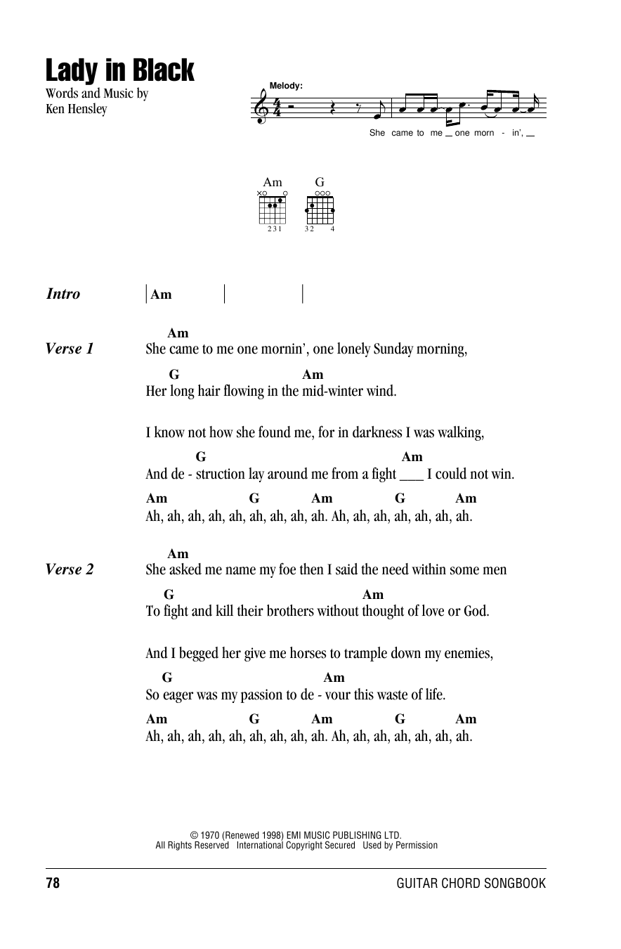 Uriah Heep Lady In Black sheet music notes and chords. Download Printable PDF.