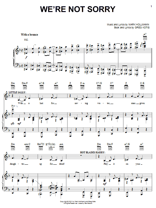 Urinetown (Musical) We're Not Sorry sheet music notes and chords. Download Printable PDF.