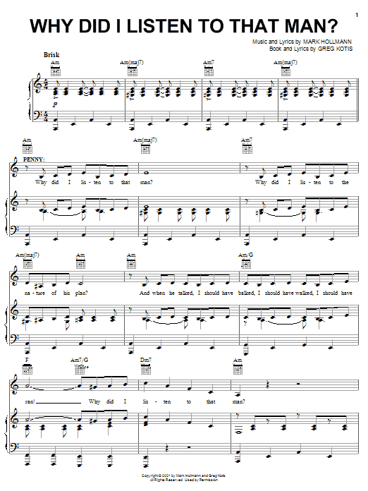 Learn to play Urinetown (Musical) Why Did I Listen To That Man? sheet music for Piano, Vocal & Guitar Chords (Right-Hand Melody) in minutes. Price: 7.8900$ Urinetown (Musical) Why Did I Listen To That Man? sheet music notes and chords arranged for Piano, Vocal & Guitar Chords (Right-Hand Melody)