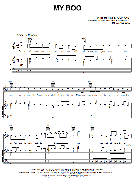 Learn to play Usher & Alicia Keys My Boo sheet music for Piano, Vocal & Guitar Chords (Right-Hand Melody) in minutes. Price: 7.8900$ Usher & Alicia Keys My Boo sheet music notes and chords arranged for Piano, Vocal & Guitar Chords (Right-Hand Melody)