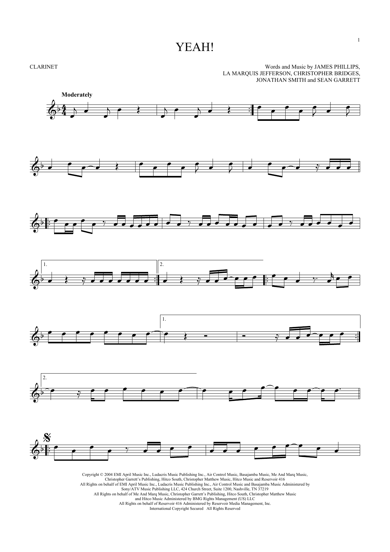 Usher Yeah! (feat. Lil Jon & Ludacris) sheet music notes and chords arranged for Clarinet Solo