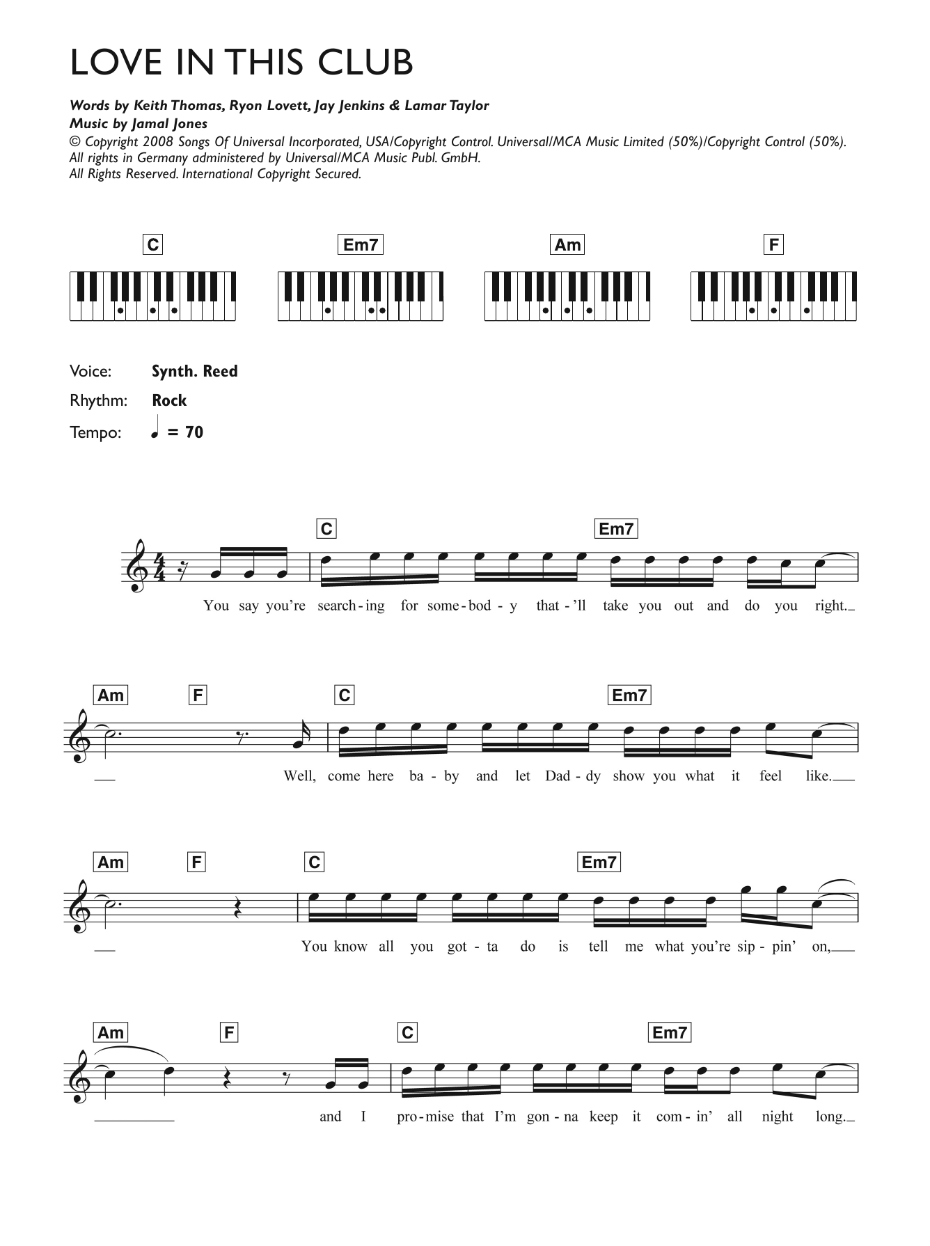 Usher Love In This Club (feat. Young Jeezy) sheet music notes and chords arranged for Piano, Vocal & Guitar Chords