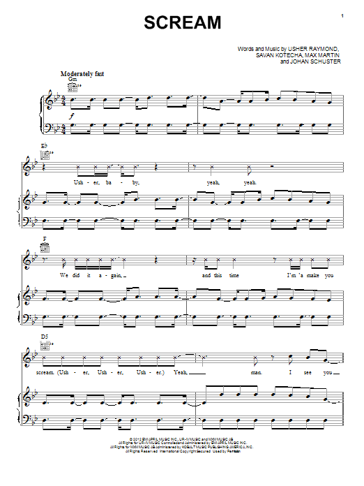 Learn to play Usher Scream sheet music for Piano, Vocal & Guitar Chords (Right-Hand Melody) in minutes. Price: 7.8900$ Usher Scream sheet music notes and chords arranged for Piano, Vocal & Guitar Chords (Right-Hand Melody)