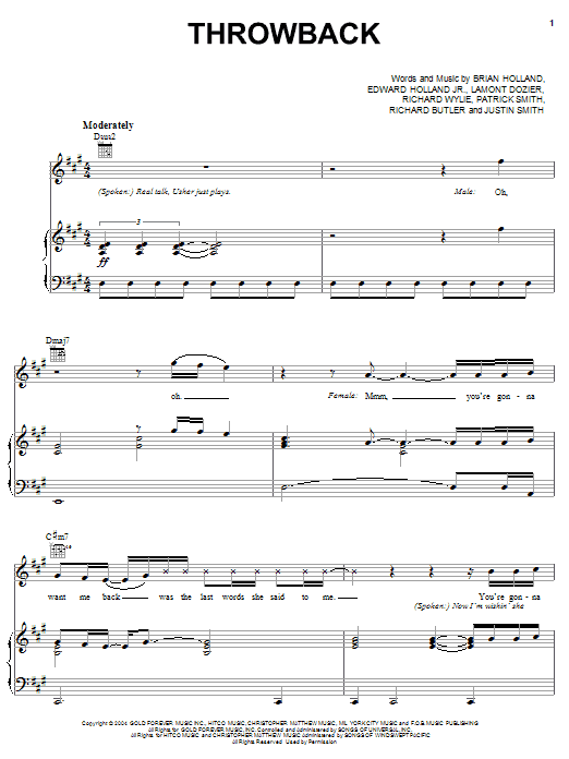 Learn to play Usher Throwback sheet music for Piano, Vocal & Guitar Chords (Right-Hand Melody) in minutes. Price: 7.8900$ Usher Throwback sheet music notes and chords arranged for Piano, Vocal & Guitar Chords (Right-Hand Melody)