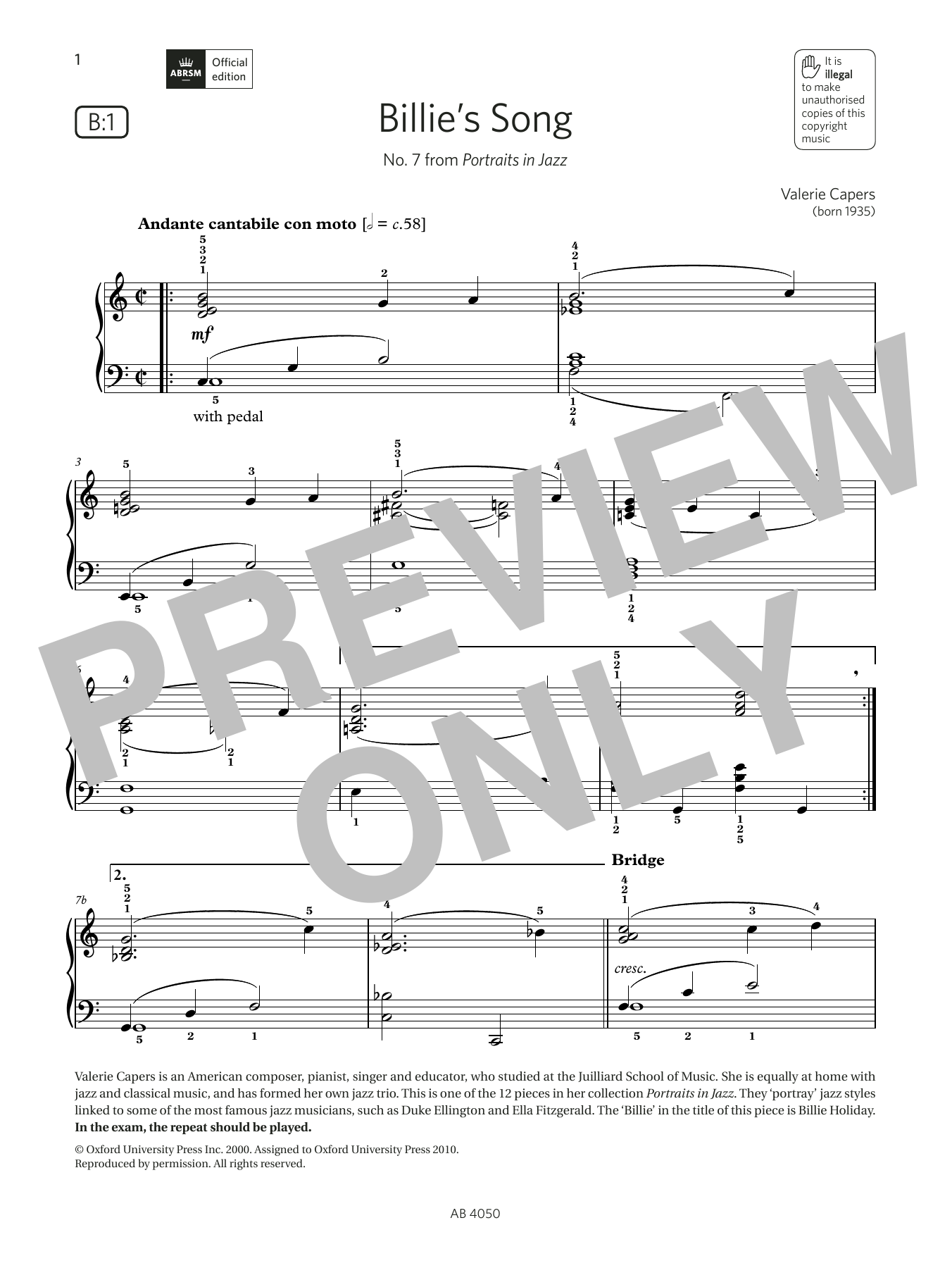 Valerie Capers Billie's Song (Grade 4, list B1, from the ABRSM Piano Syllabus 2023 & 2024) sheet music notes and chords. Download Printable PDF.