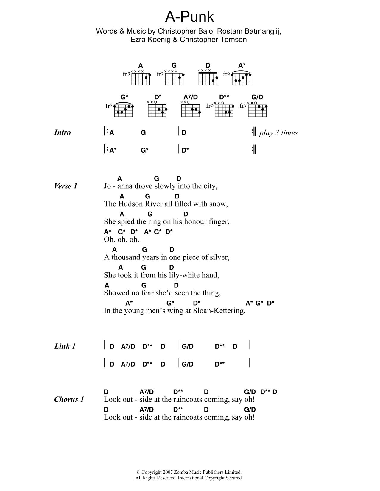 Vampire Weekend A-Punk sheet music notes and chords arranged for Guitar Chords/Lyrics