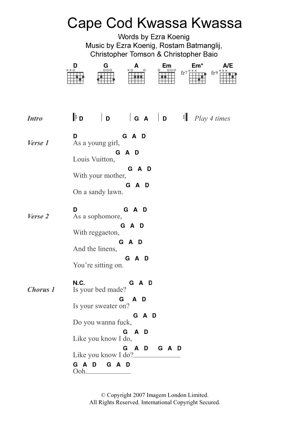 Learn to play Vampire Weekend Cape Cod Kwassa Kwassa sheet music for Guitar Chords/Lyrics in minutes. Price: 4.4900$ Vampire Weekend Cape Cod Kwassa Kwassa sheet music notes and chords arranged for Guitar Chords/Lyrics