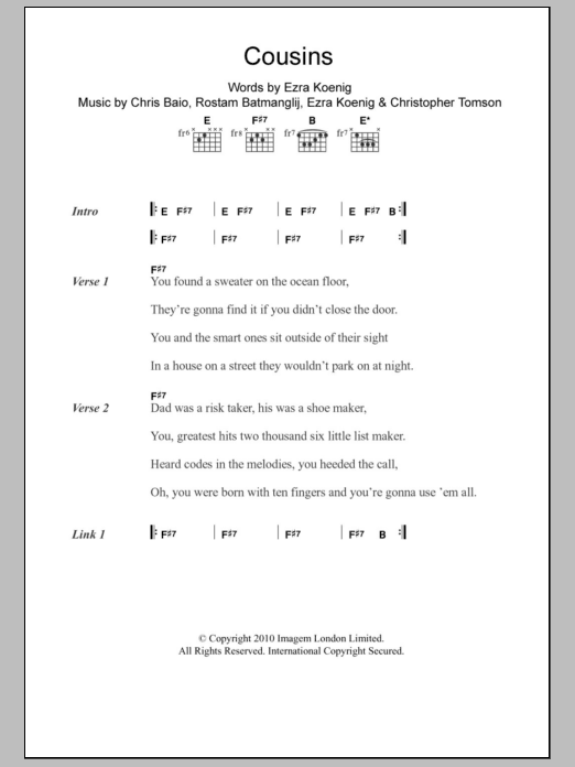 Vampire Weekend Cousins sheet music notes and chords. Download Printable PDF.