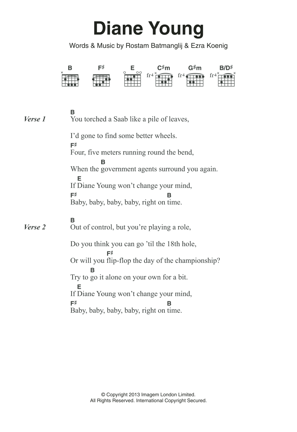 Vampire Weekend Diane Young sheet music notes and chords. Download Printable PDF.