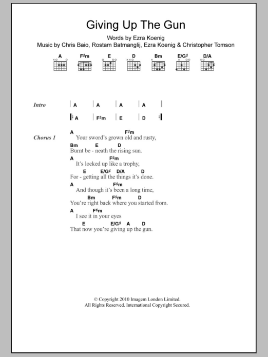 Vampire Weekend Giving Up The Gun sheet music notes and chords. Download Printable PDF.