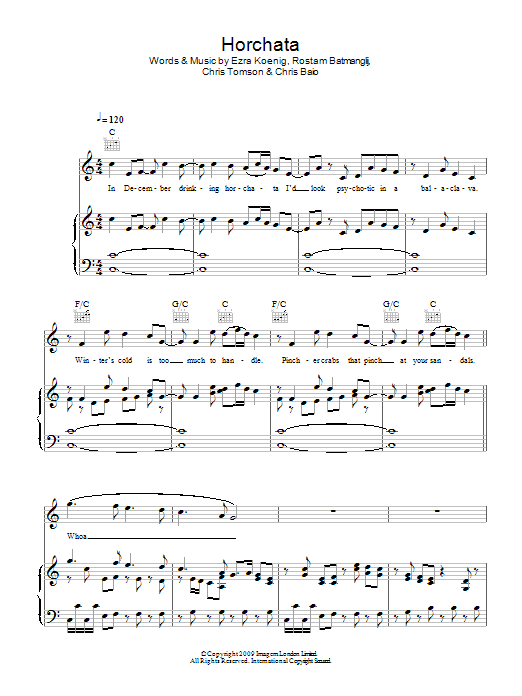 Vampire Weekend Horchata sheet music notes and chords arranged for Piano, Vocal & Guitar Chords