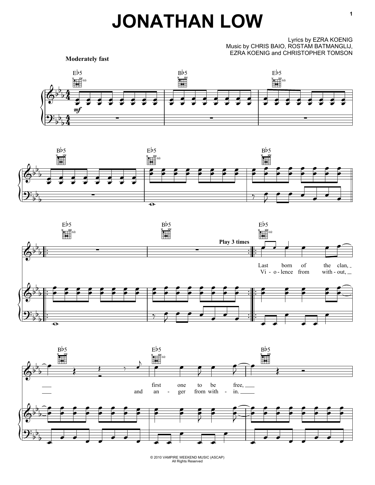 Learn to play Vampire Weekend Jonathan Low (from The Twilight Saga: Eclipse) sheet music for Piano, Vocal & Guitar Chords (Right-Hand Melody) in minutes. Price: 7.8900$ Vampire Weekend Jonathan Low (from The Twilight Saga: Eclipse) sheet music notes and chords arranged for Piano, Vocal & Guitar Chords (Right-Hand Melody)