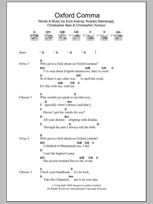 Vampire Weekend Oxford Comma sheet music notes and chords. Download Printable PDF.