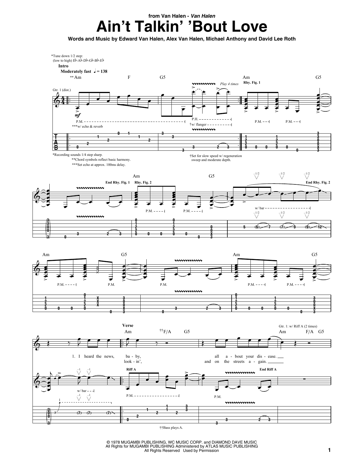 Van Halen Ain't Talkin' 'Bout Love sheet music notes and chords. Download Printable PDF.