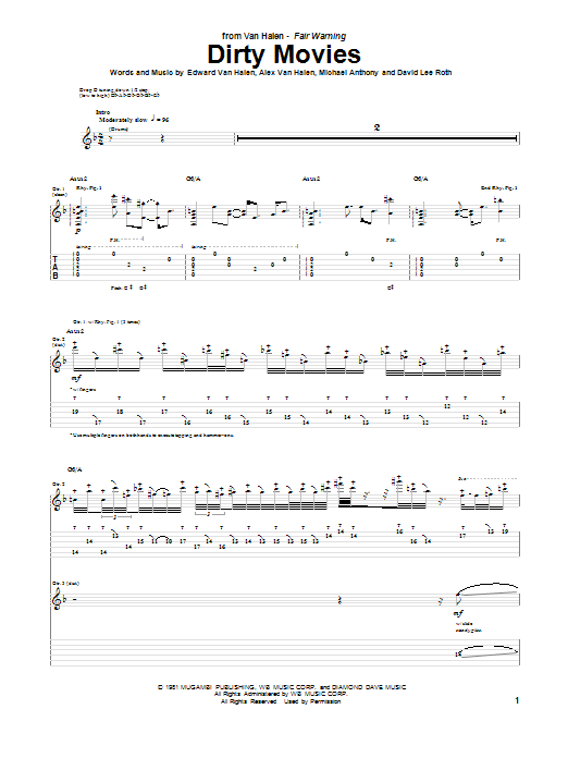 Learn to play Van Halen Dirty Movies sheet music for Guitar Tab in minutes. Price: 7.8900$ Van Halen Dirty Movies sheet music notes and chords arranged for Guitar Tab