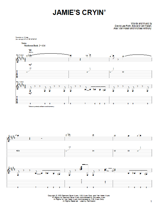 Van Halen Jamie's Cryin' sheet music notes and chords. Download Printable PDF.