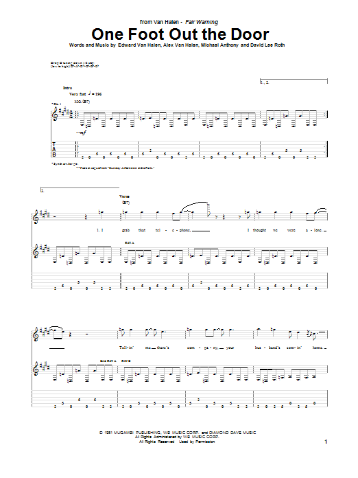 Learn to play Van Halen One Foot Out The Door sheet music for Guitar Tab in minutes. Price: 7.8900$ Van Halen One Foot Out The Door sheet music notes and chords arranged for Guitar Tab