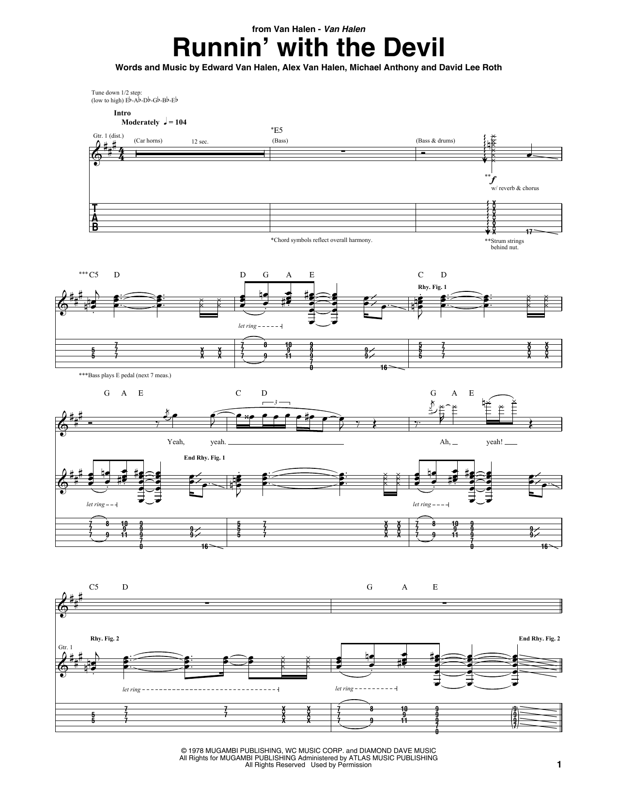 Van Halen Runnin' With The Devil sheet music notes and chords. Download Printable PDF.