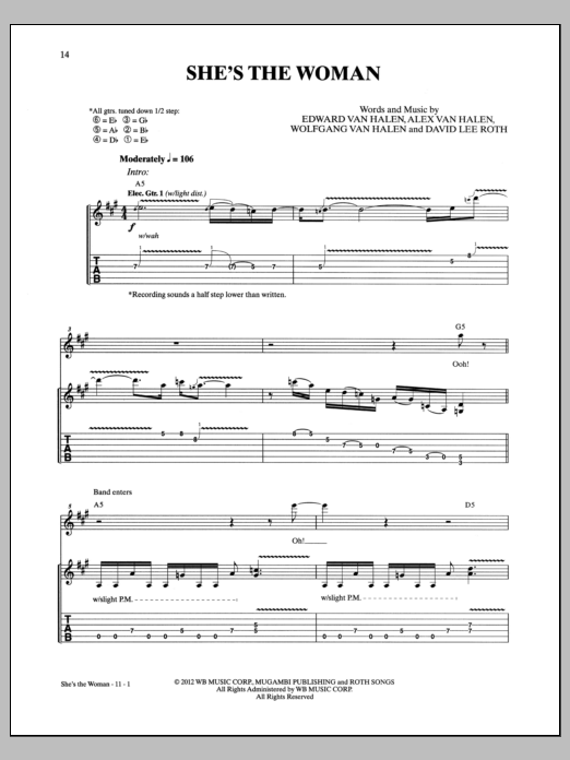 Learn to play Van Halen She's The Woman sheet music for Guitar Tab in minutes. Price: 7.8900$ Van Halen She's The Woman sheet music notes and chords arranged for Guitar Tab