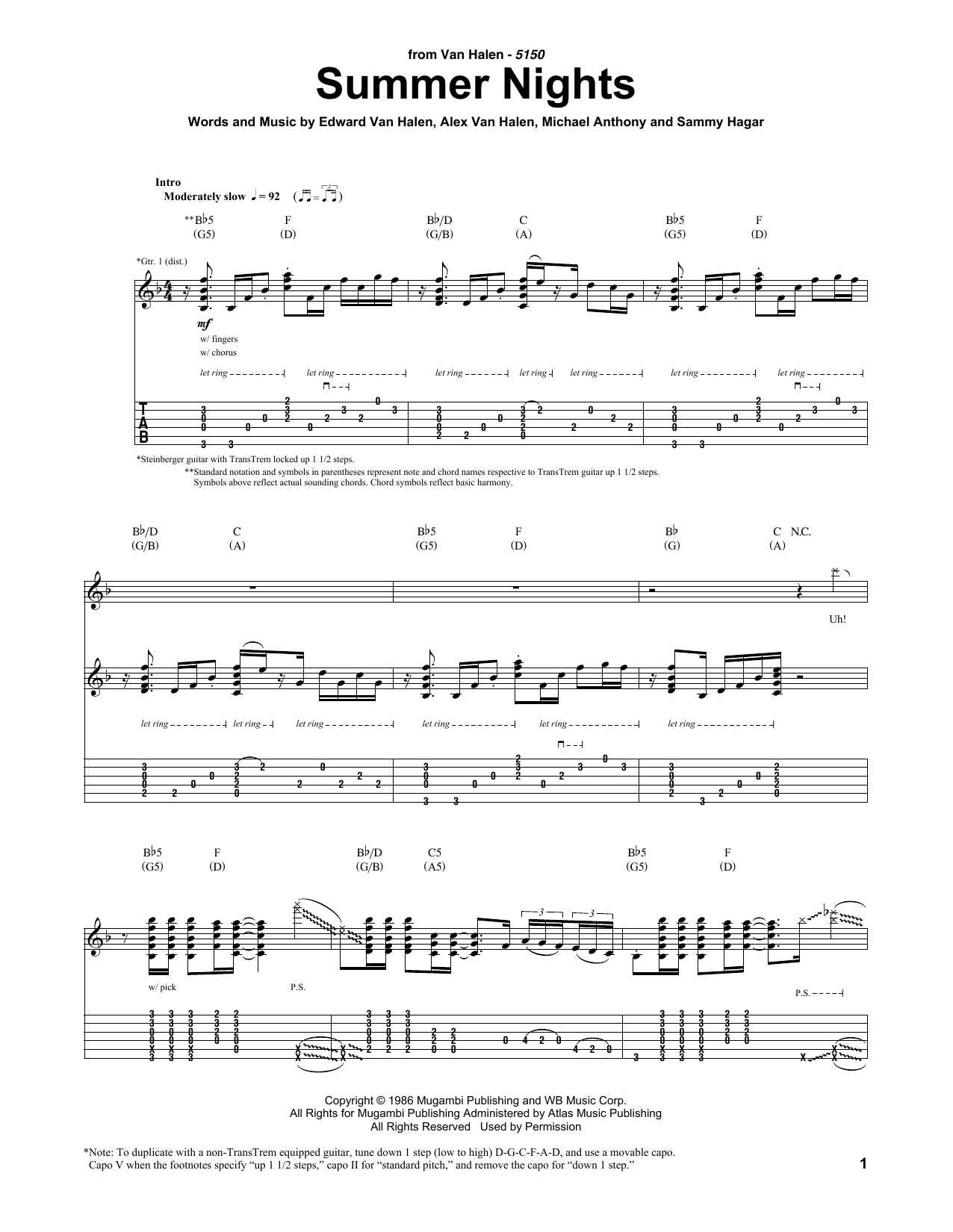 Van Halen Summer Nights sheet music notes and chords. Download Printable PDF.