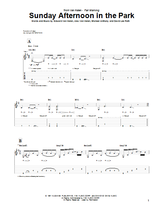 Learn to play Van Halen Sunday Afternoon In The Park sheet music for Guitar Tab in minutes. Price: 7.8900$ Van Halen Sunday Afternoon In The Park sheet music notes and chords arranged for Guitar Tab
