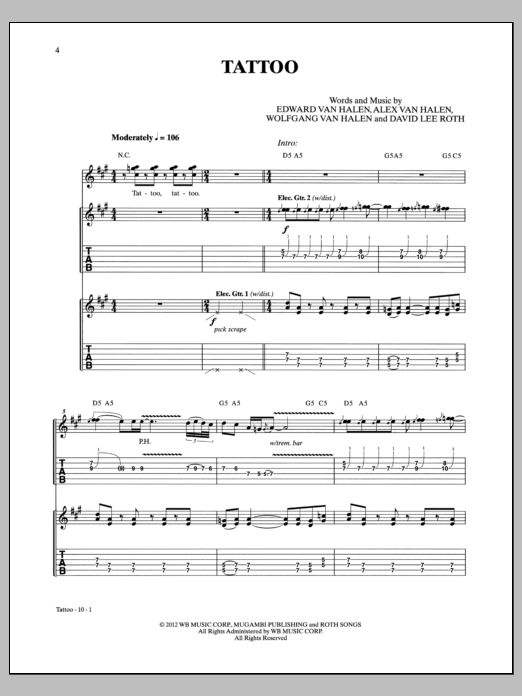 Van Halen Tattoo sheet music notes and chords. Download Printable PDF.