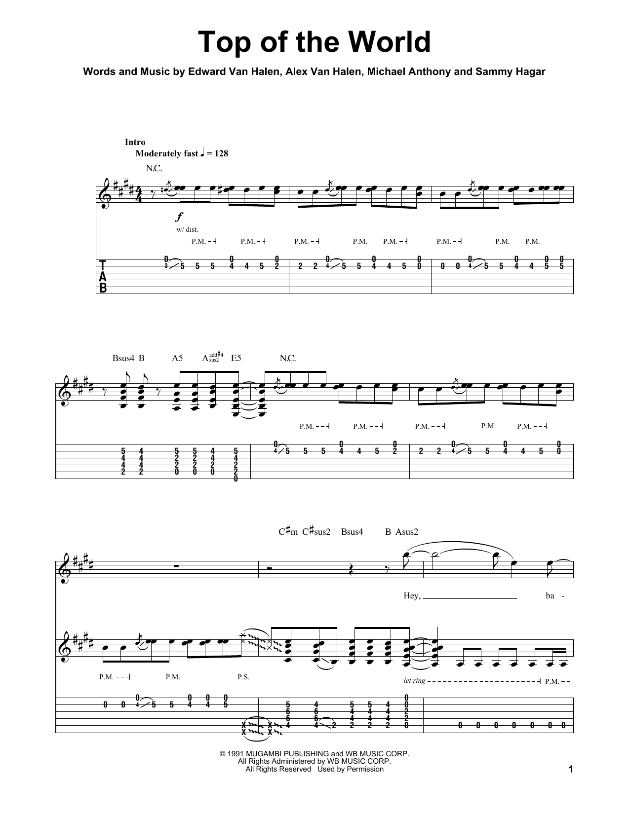 Van Halen Top Of The World sheet music notes and chords. Download Printable PDF.