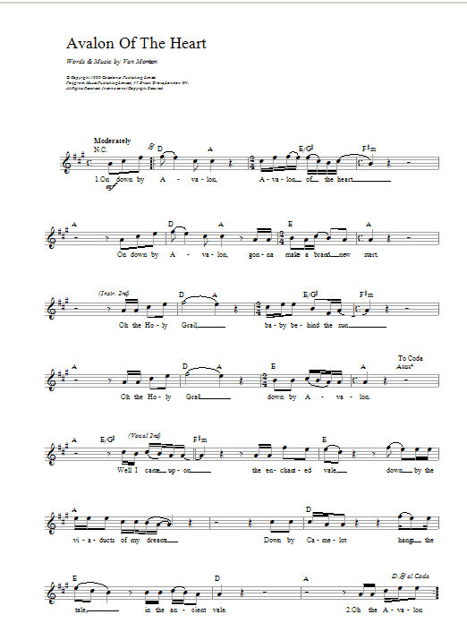 Van Morrison Avalon of The Heart sheet music notes and chords. Download Printable PDF.