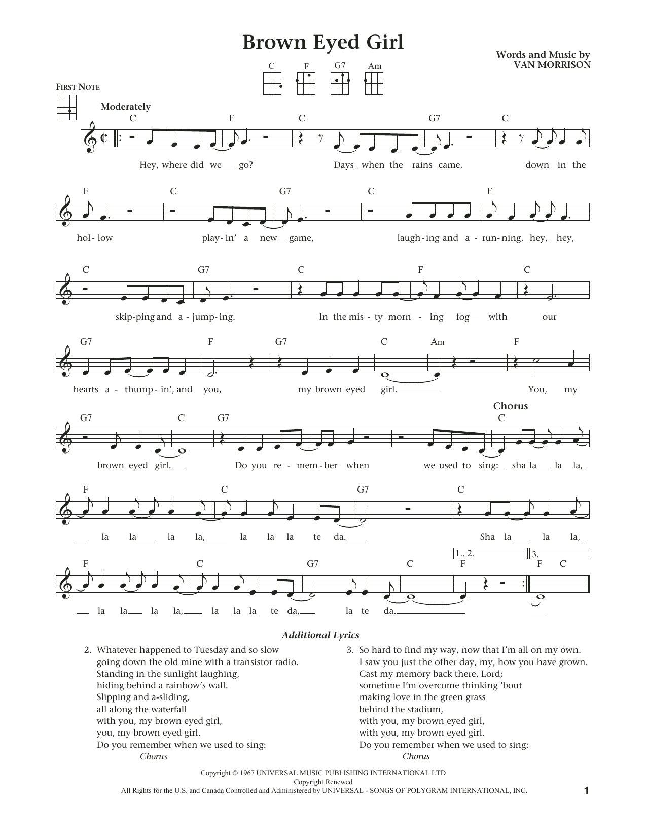 Van Morrison Brown Eyed Girl (from The Daily Ukulele) (arr. Liz and Jim Beloff) sheet music notes and chords. Download Printable PDF.