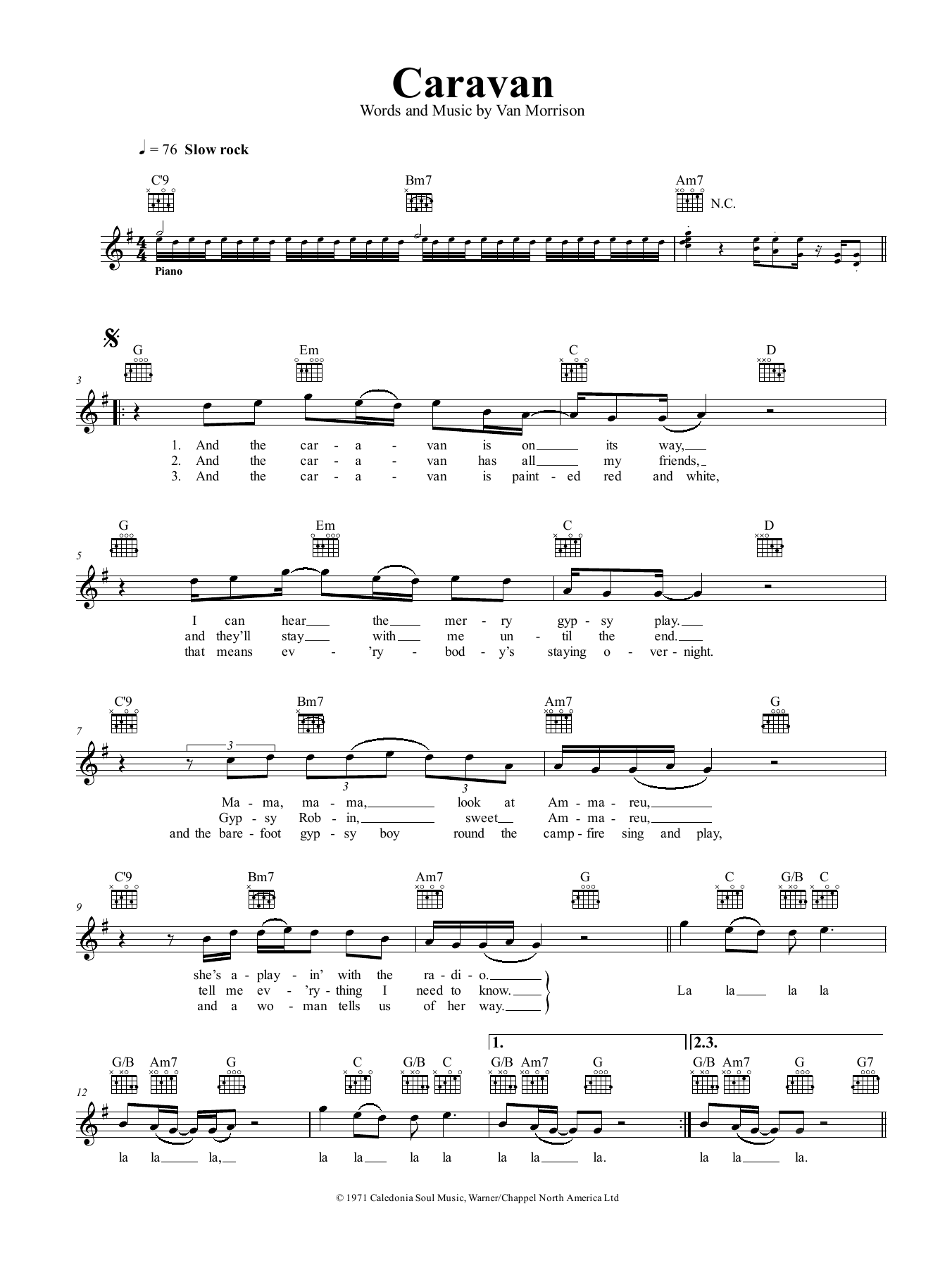 Van Morrison Caravan sheet music notes and chords. Download Printable PDF.