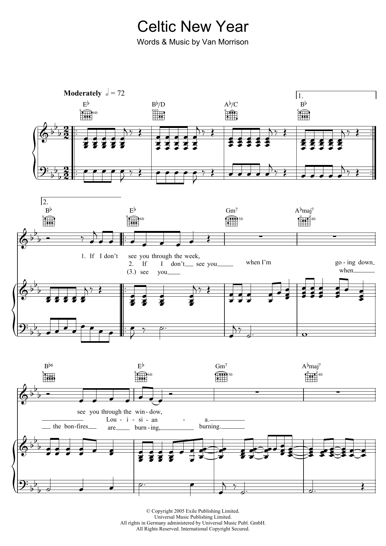 Learn to play Van Morrison Celtic New Year sheet music for Piano, Vocal & Guitar Chords in minutes. Price: 7.8900$ Van Morrison Celtic New Year sheet music notes and chords arranged for Piano, Vocal & Guitar Chords