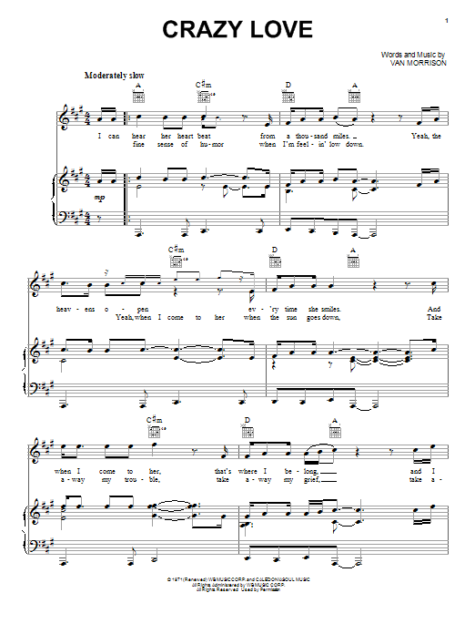 Van Morrison Crazy Love sheet music notes and chords. Download Printable PDF.