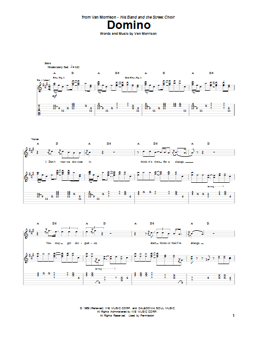 Van Morrison Domino sheet music notes and chords arranged for Piano, Vocal & Guitar Chords