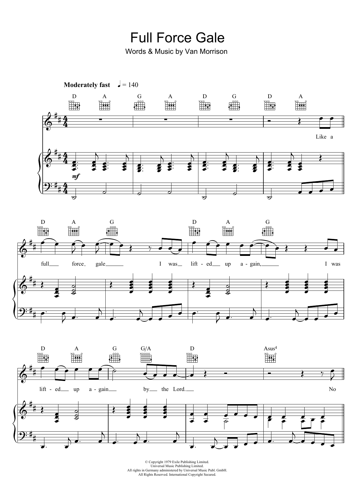 Learn to play Van Morrison Full Force Gale sheet music for Piano, Vocal & Guitar Chords in minutes. Price: 7.8900$ Van Morrison Full Force Gale sheet music notes and chords arranged for Piano, Vocal & Guitar Chords