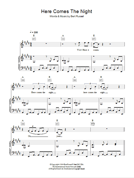 Them Here Comes The Night sheet music notes and chords arranged for Piano, Vocal & Guitar Chords