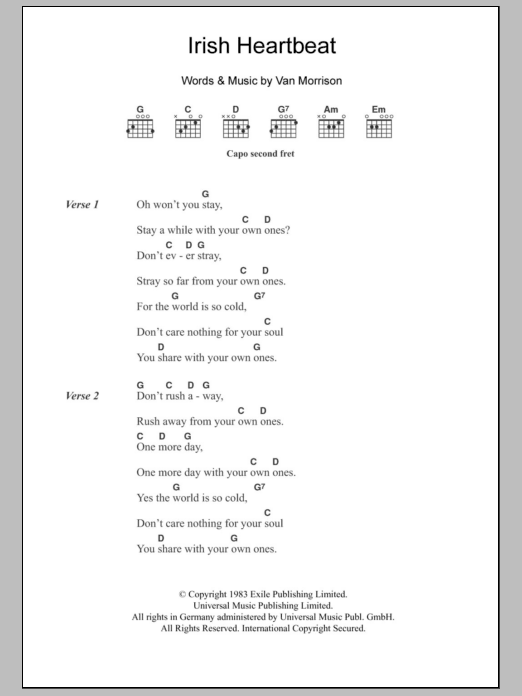 Van Morrison Irish Heartbeat sheet music notes and chords. Download Printable PDF.