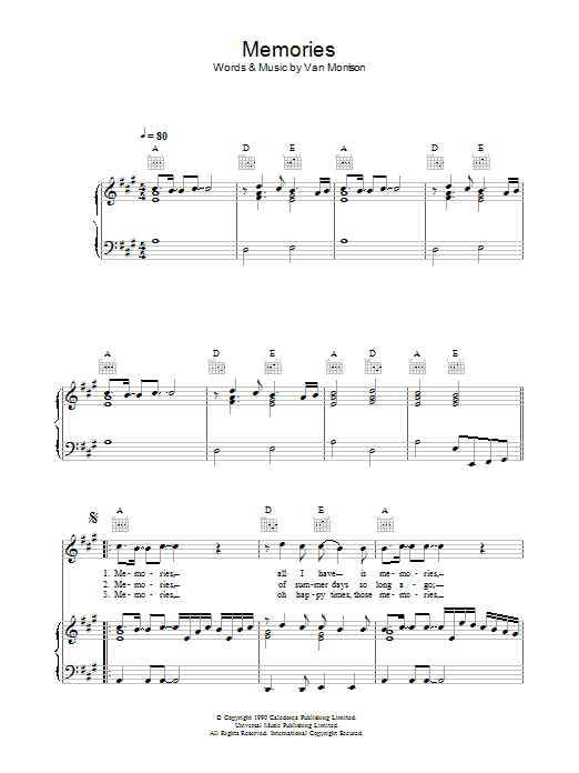 Learn to play Van Morrison Memories sheet music for Piano, Vocal & Guitar Chords in minutes. Price: 7.8900$ Van Morrison Memories sheet music notes and chords arranged for Piano, Vocal & Guitar Chords