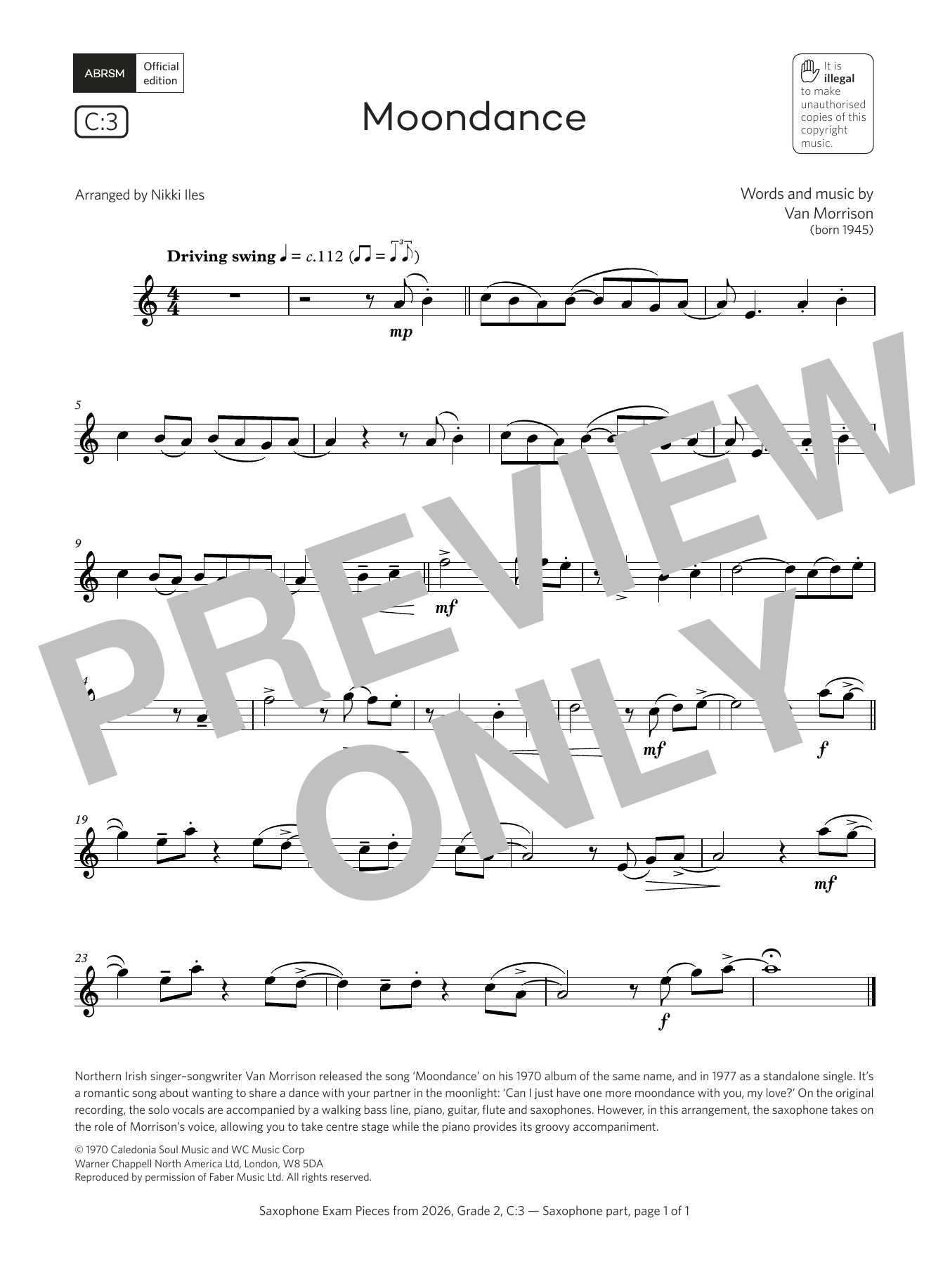Learn to play Van Morrison Moondance (Grade 2, list C3, from the ABRSM Saxophone Syllabus from 2026) sheet music for Alto Sax Solo in minutes. Price: 5.9900$ Van Morrison Moondance (Grade 2, list C3, from the ABRSM Saxophone Syllabus from 2026) sheet music notes and chords arranged for Alto Sax Solo
