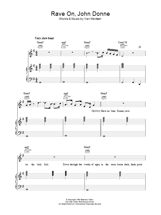 Learn to play Van Morrison Rave On, John Donne sheet music for Piano, Vocal & Guitar Chords in minutes. Price: 7.8900$ Van Morrison Rave On, John Donne sheet music notes and chords arranged for Piano, Vocal & Guitar Chords