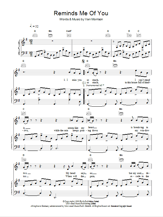 Van Morrison Reminds Me Of You sheet music notes and chords arranged for Piano, Vocal & Guitar Chords