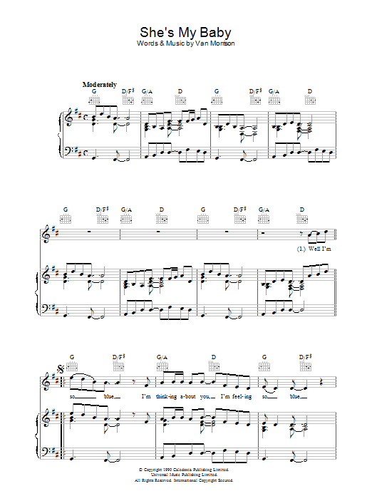 Learn to play Van Morrison She's My Baby sheet music for Piano, Vocal & Guitar Chords in minutes. Price: 7.8900$ Van Morrison She's My Baby sheet music notes and chords arranged for Piano, Vocal & Guitar Chords