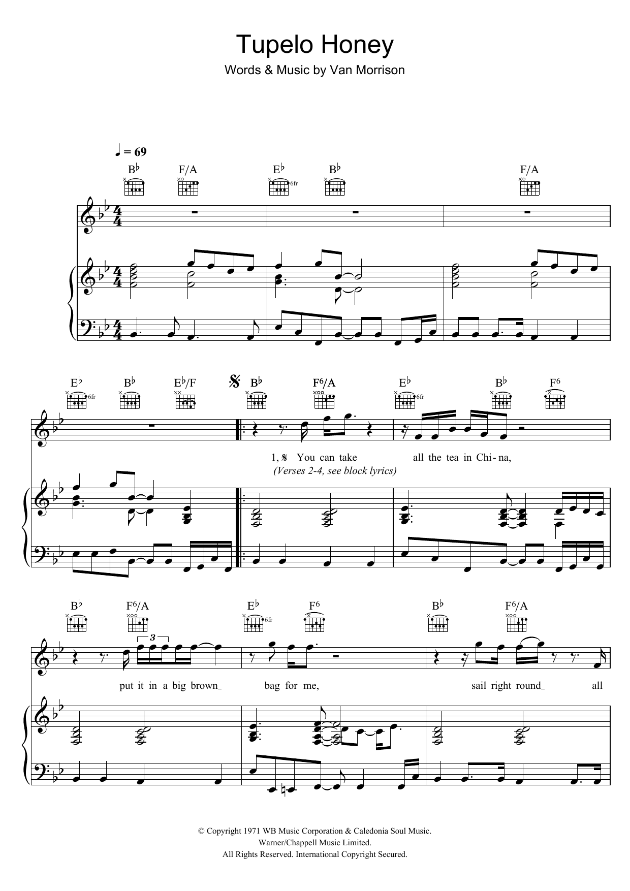 Van Morrison Tupelo Honey sheet music notes and chords arranged for Piano, Vocal & Guitar Chords