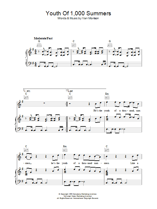 Learn to play Van Morrison Youth Of 1000 Summers sheet music for Piano, Vocal & Guitar Chords in minutes. Price: 7.8900$ Van Morrison Youth Of 1000 Summers sheet music notes and chords arranged for Piano, Vocal & Guitar Chords