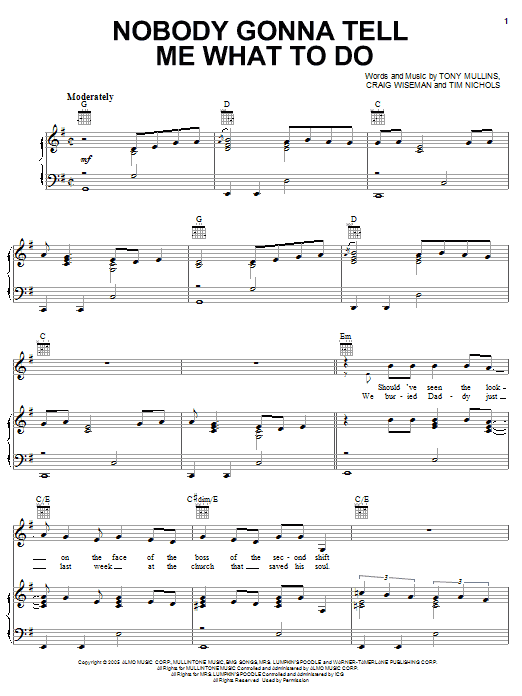 Learn to play Van Zant Nobody Gonna Tell Me What To Do sheet music for Piano, Vocal & Guitar Chords (Right-Hand Melody) in minutes. Price: 7.8900$ Van Zant Nobody Gonna Tell Me What To Do sheet music notes and chords arranged for Piano, Vocal & Guitar Chords (Right-Hand Melody)