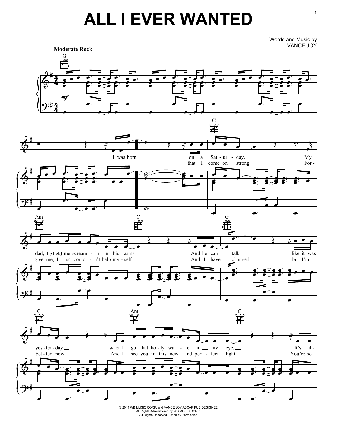 Vance Joy All I Ever Wanted sheet music notes and chords. Download Printable PDF.