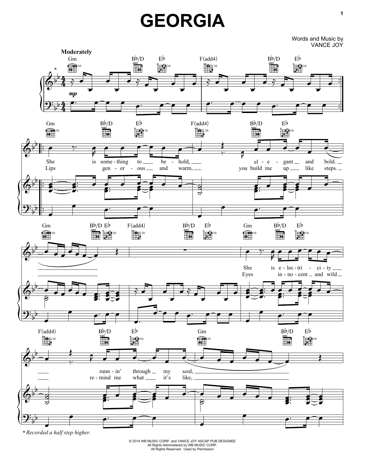 Learn to play Vance Joy Georgia sheet music for Piano, Vocal & Guitar Chords (Right-Hand Melody) in minutes. Price: 7.8900$ Vance Joy Georgia sheet music notes and chords arranged for Piano, Vocal & Guitar Chords (Right-Hand Melody)