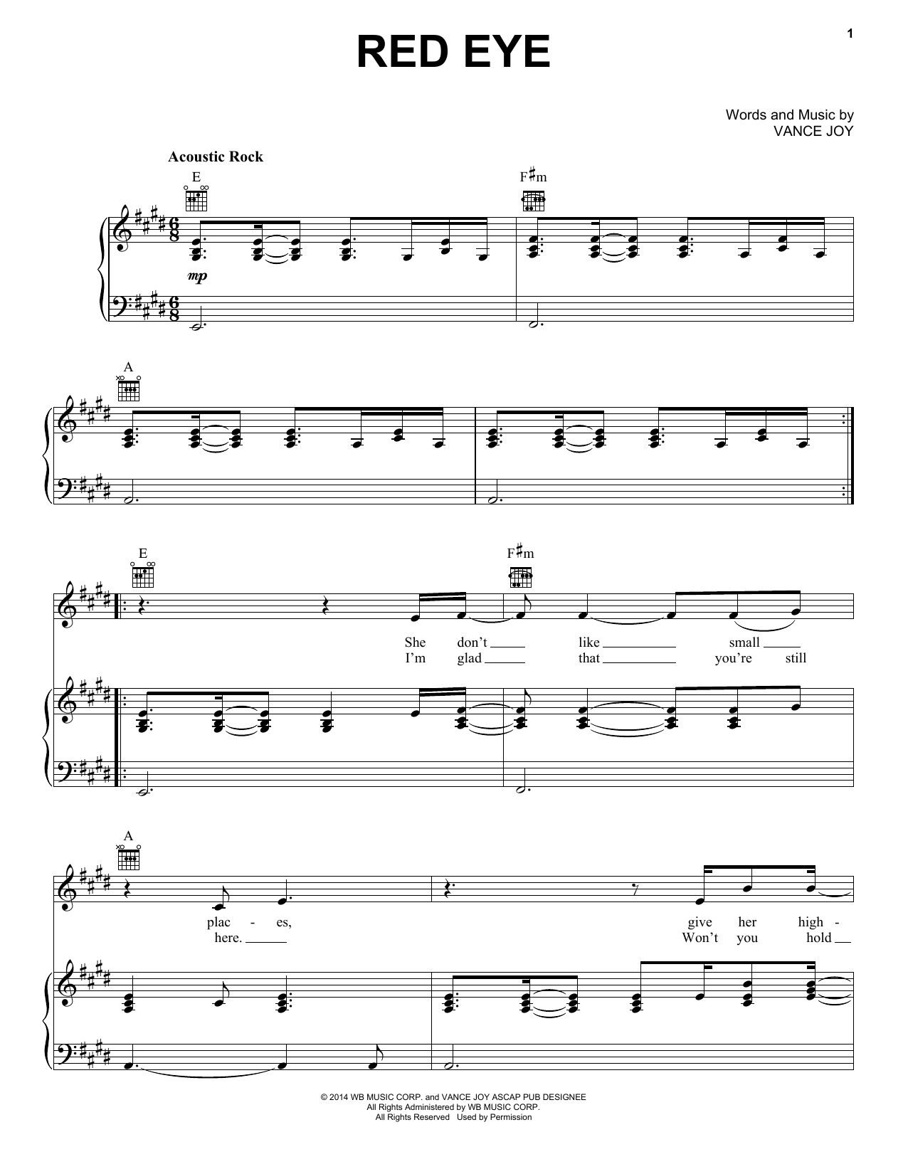 Learn to play Vance Joy Red Eye sheet music for Piano, Vocal & Guitar Chords (Right-Hand Melody) in minutes. Price: 7.8900$ Vance Joy Red Eye sheet music notes and chords arranged for Piano, Vocal & Guitar Chords (Right-Hand Melody)