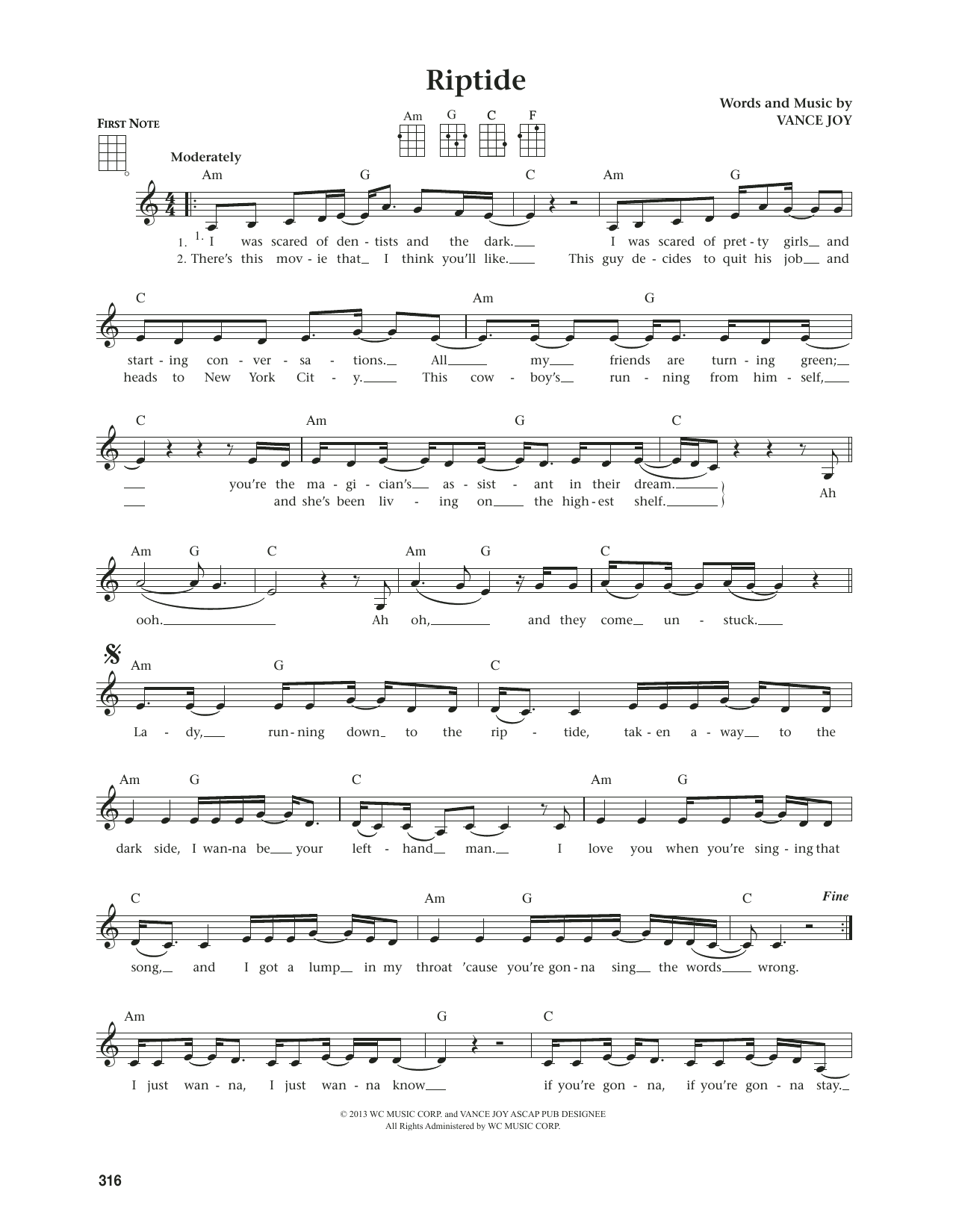 Vance Joy Riptide (from The Daily Ukulele) (arr. Jim Beloff) sheet music notes and chords. Download Printable PDF.