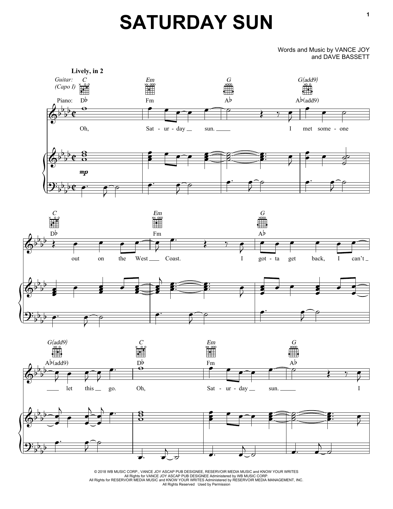 Vance Joy Saturday Sun sheet music notes and chords. Download Printable PDF.